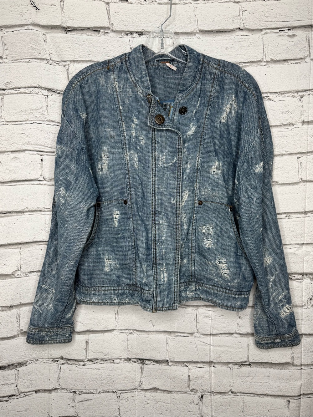 Free People Tattered Tennis Bomber Denim Jacket Size S Distressed Grunge Preppy